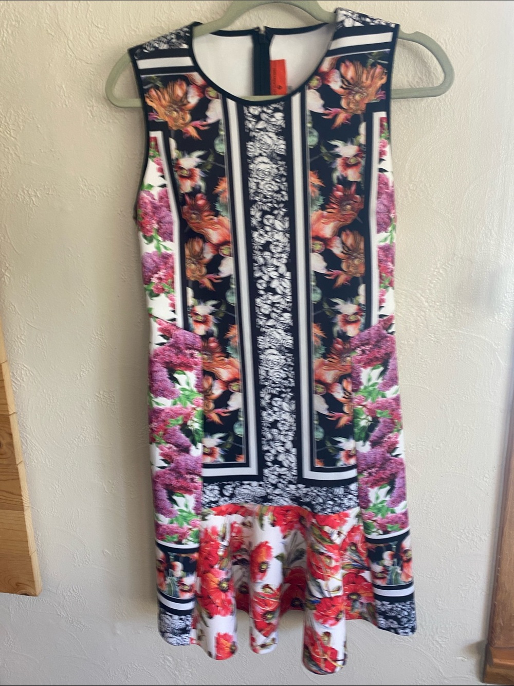 Clover Canyon Black Dress with Pink, Red and Green Floral Panels